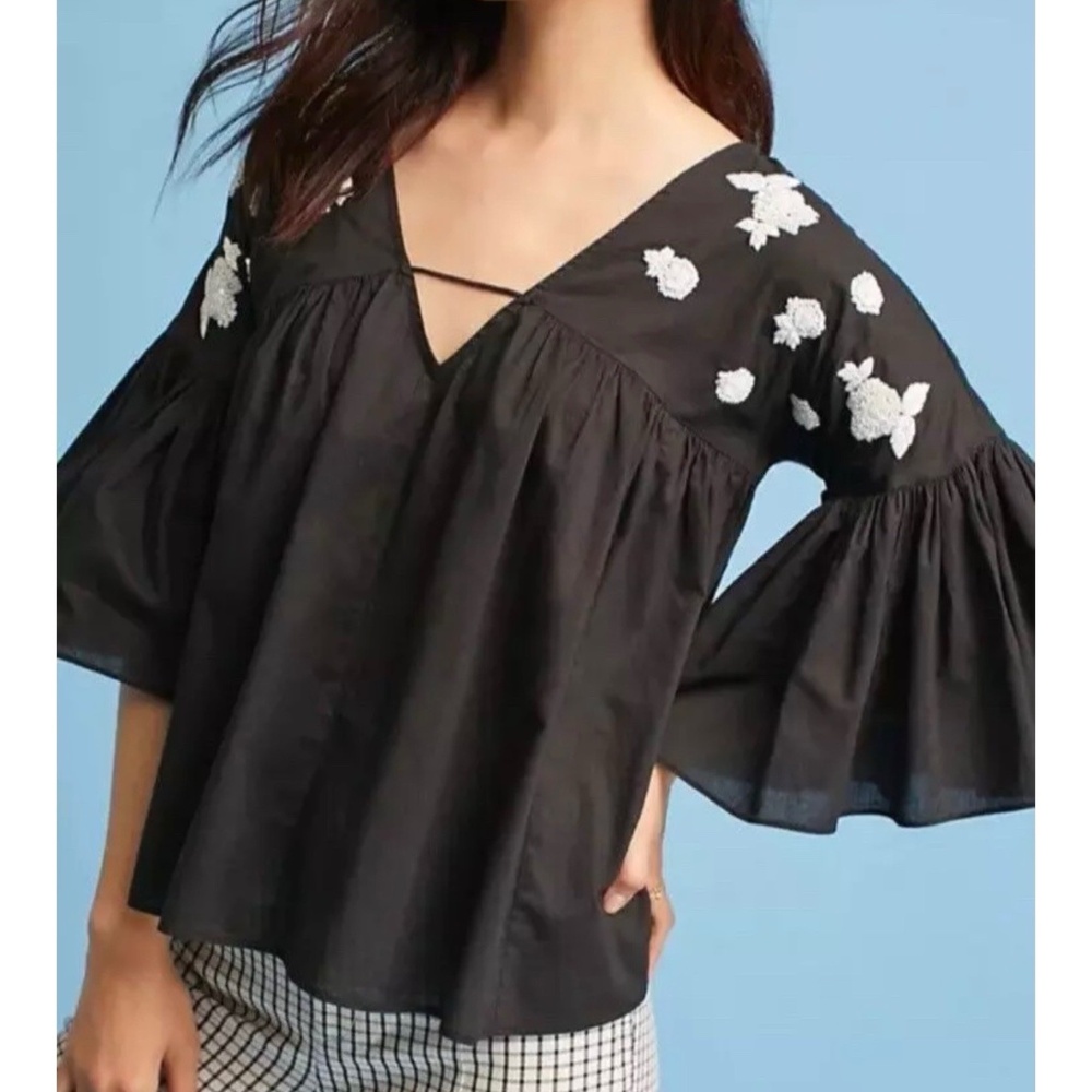 Anthropologie Maeve Size S Harlow Beaded Embroidered Floral Flutter Sleeve Top - Picture 1 of 16